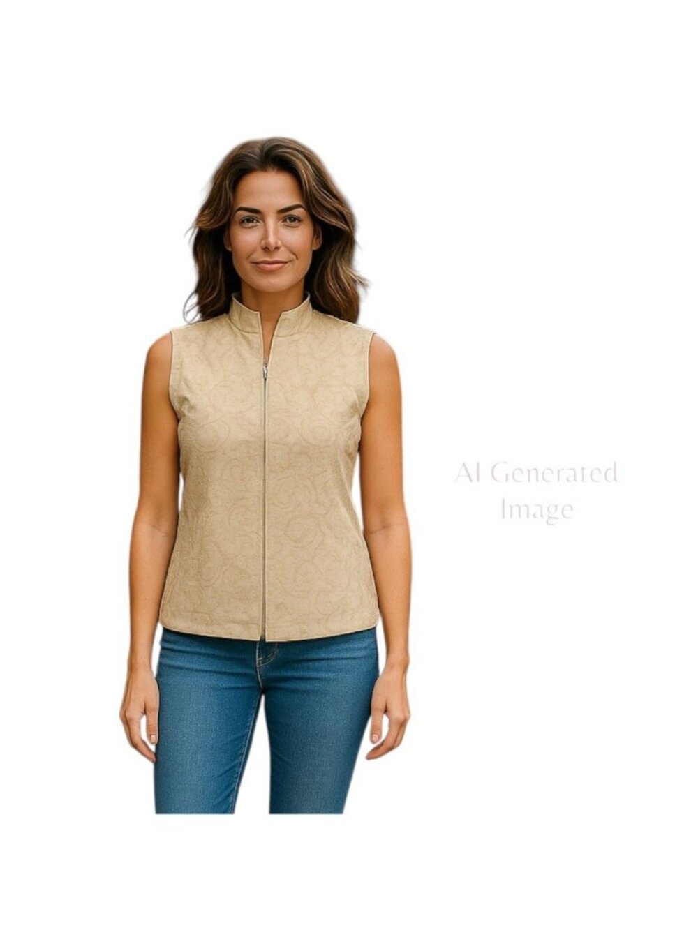 Talbots Womens Tan Beige Front Zip Pockets Embroidered Sleeveless Vest Sz MP